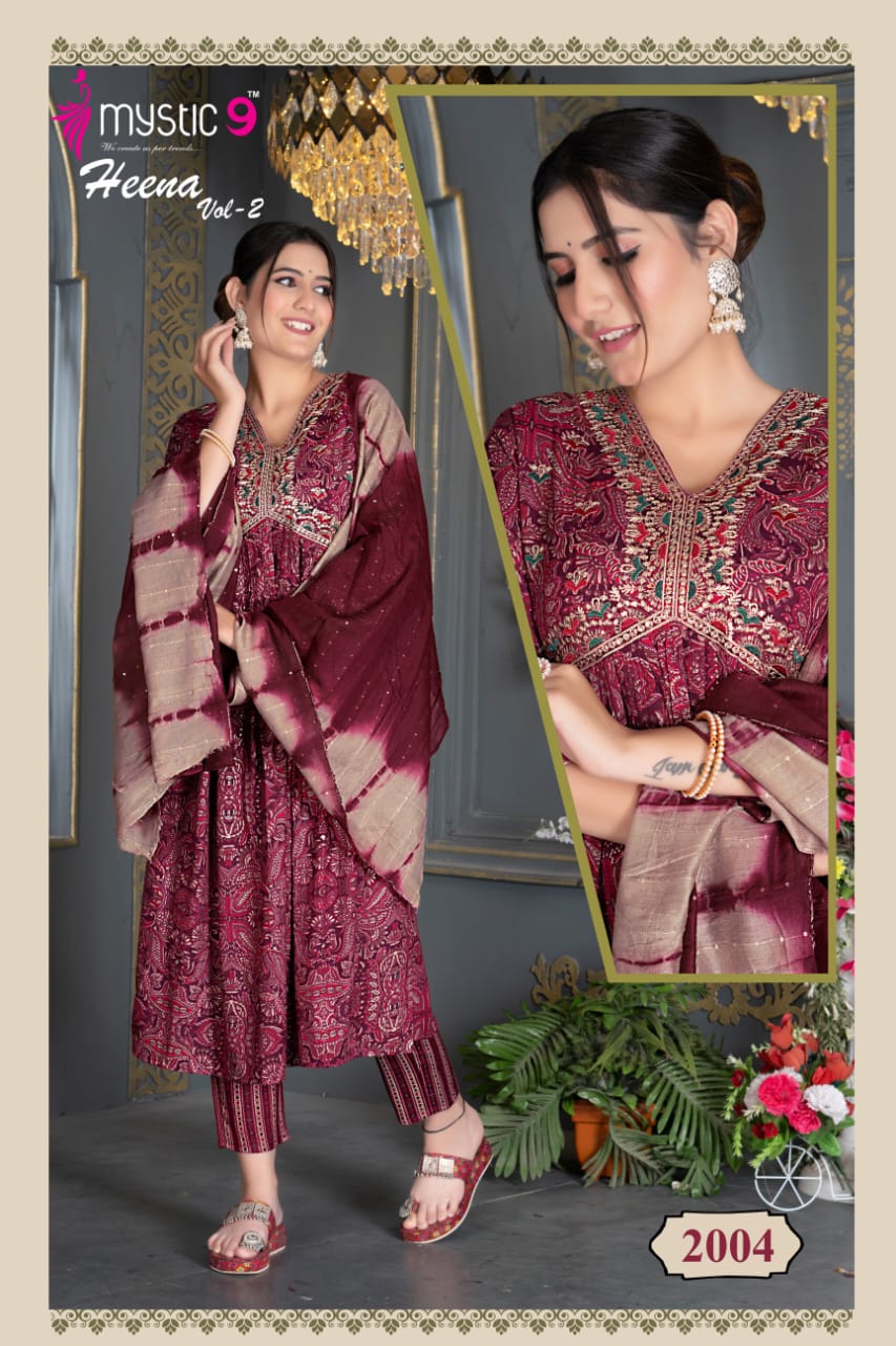 Heena Vol 2 By Mystic 9 Rayon Printed Embroidery Kurti With Bottom Dupatta Wholesale Shop In Surat